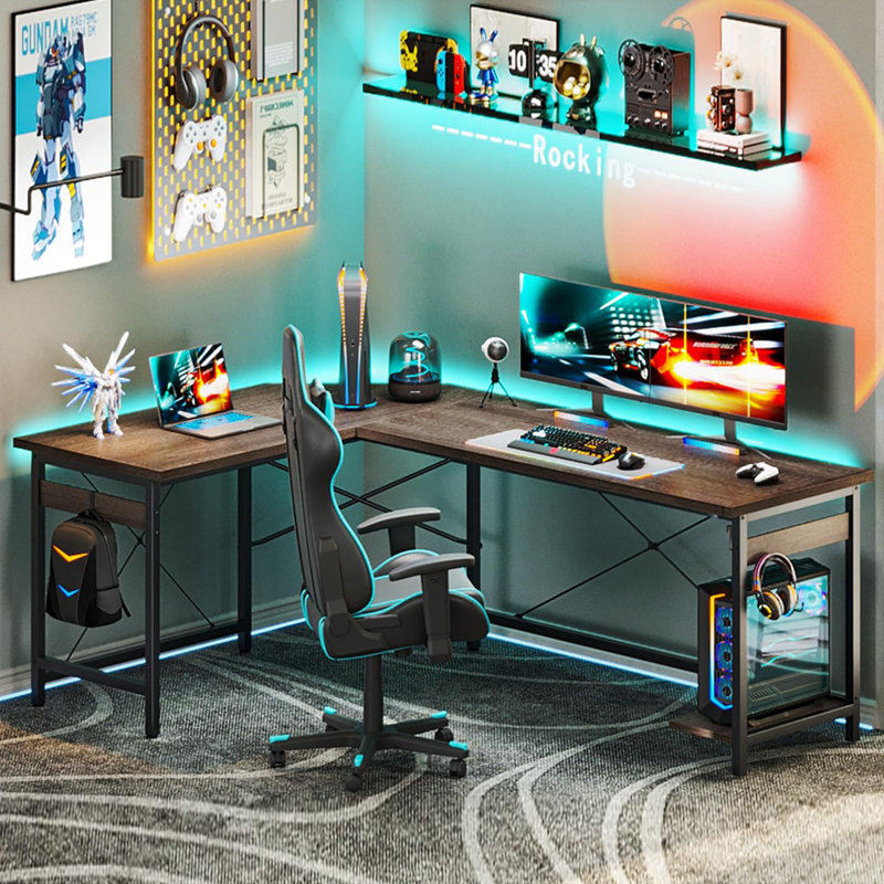 Bureau d'ordinateur en L 66 po, Chêne gris / Noir