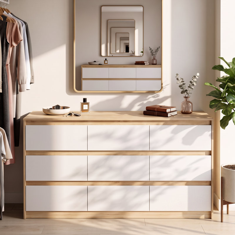 Commode 9 tiroirs Aurica, Blanc, bois