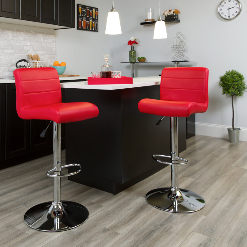 Nusbaum Vinyl Adjustable Height Barstool with Rolled Seat and Chrome Base, Red