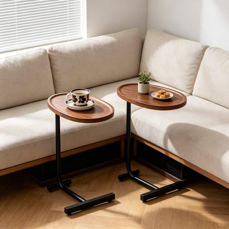 Modern Oval C-Shaped Side Tables with Raised Tray Top and Metal Base(Set of 2), Brown Top/Black Base