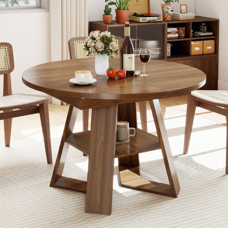 Extendable Round Dining Table For 4-6, Oval Dining Table With Storage For Kitchen Living Room, Walnut