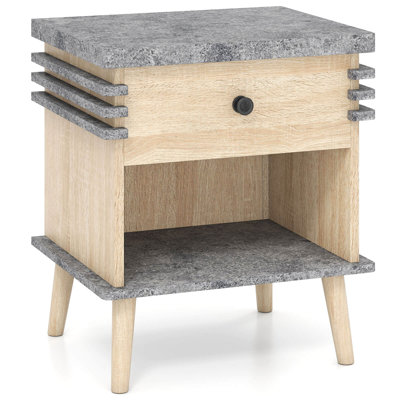 3-tier Bedside Table With Antique Grey Faux Marble Top & Open Shelf