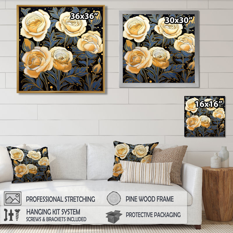 Roses jaunes, feuilles bleues rétro - roses, impression d'art mural, Toile avec cadre flottant noir