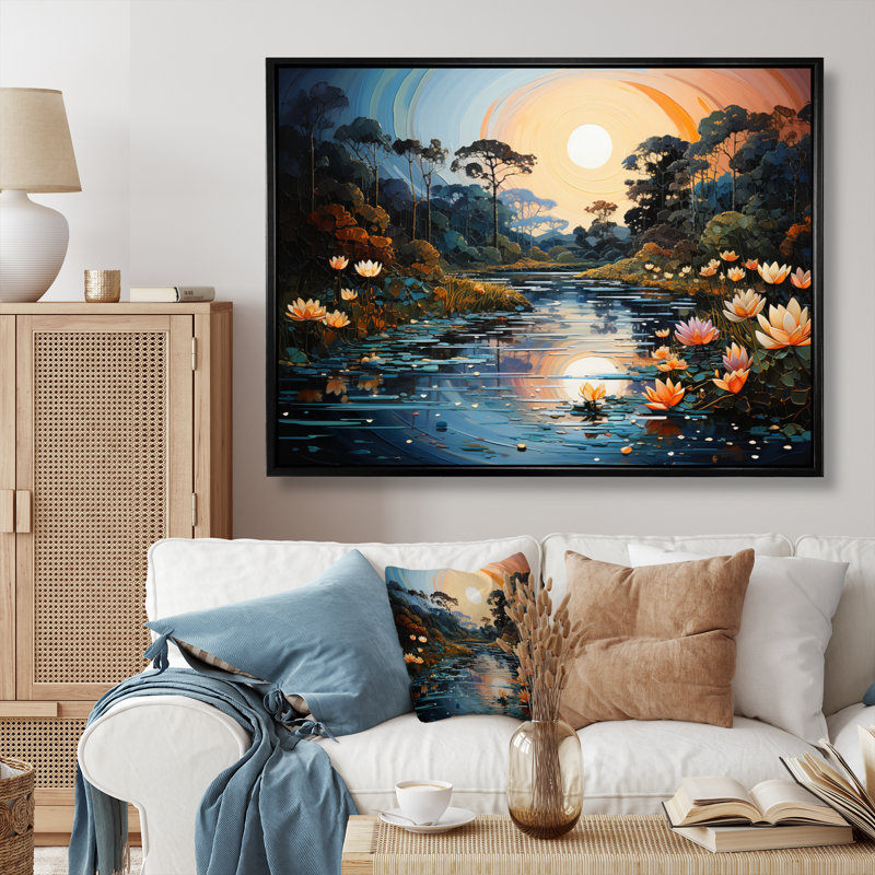 Blue Green Pointillism River At Night V - Pointillism Wall Art Living Room, H 30 po x l 40 po x P 1,5 po, Cadre flottant noir