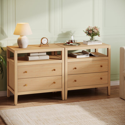 Farmhouse 2-Drawer Nightstand with Open Shelf, Modern Bedside Table in Oak