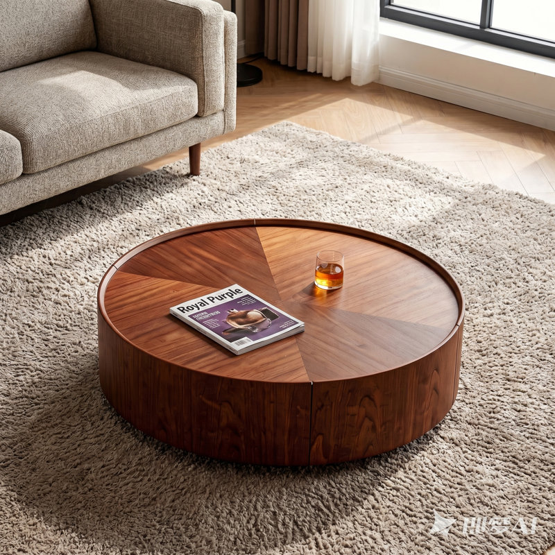 Table basse en noyer avec motif en mosaïque fabriqué à la main et base en anneau de fer, table d'appoint ronde moderne pour le bureau du salon et de la chambre à coucher