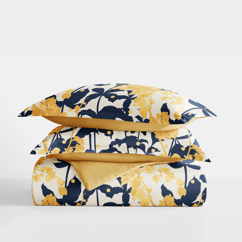 Yellow and Navy Floral Reversible Twin Duvet Cover Set