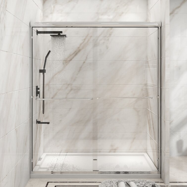 Sunny Shower Glass Sliding Shower Door 48 W x 72 H Semi-Frameless Bypass Shower Enclosure 1/4 Clear Glass Shower Doors Brushed Nickel Finish B020