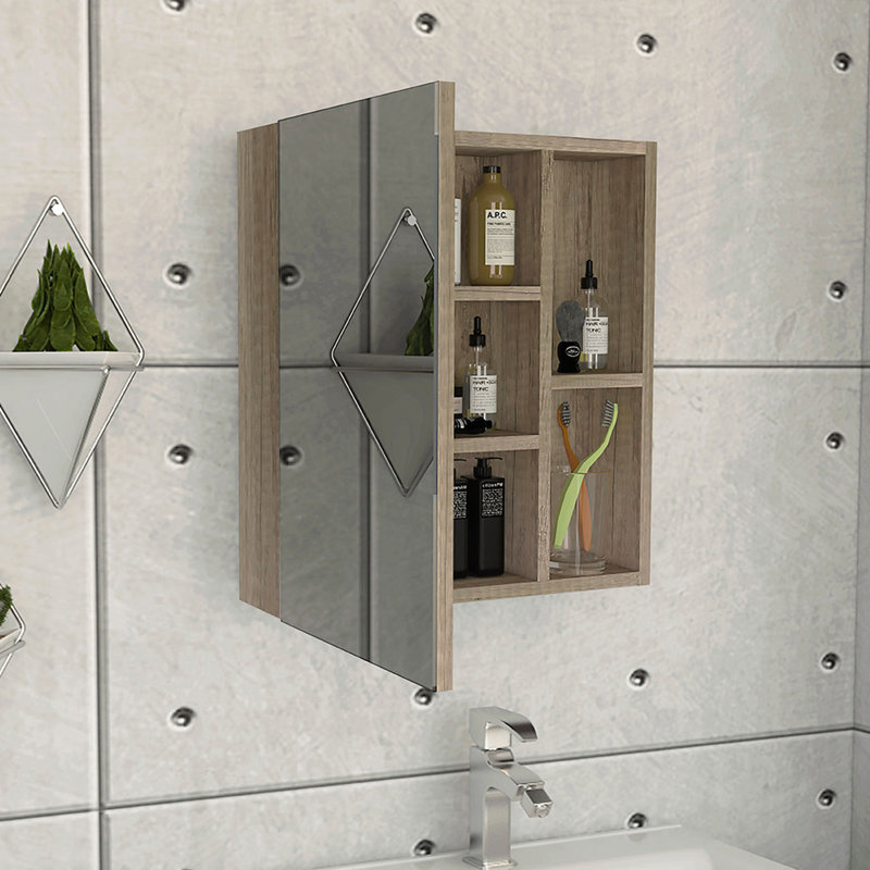 Armoire à pharmacie Labelle avec miroir, cinq tablettes internes, porte simple - pin, Beige