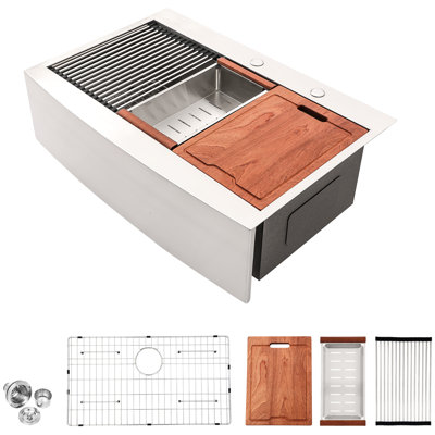 Évier de cuisine en acier inoxydable 36 po - 36 x 22 x 10 po, façade à tablier encastrable de calibre 16, revêtement anticondensation, facile à nettoyer et à désinfecter