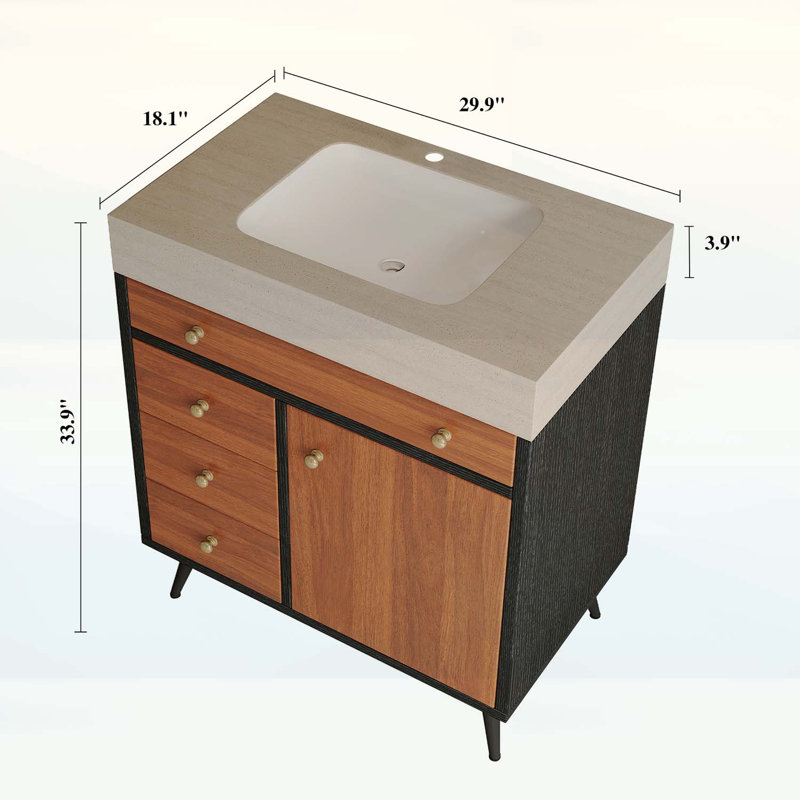 Meuble-lavabo moderne sur pied avec lavabo en céramique et comptoir en pierre frittée résistante, grand espace de rangement et installation facile