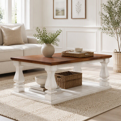 Farmhouse Coffee Table, Crafted with Heavy Planked Top & Square Baluster Legs, 47.24" Long Rustic Living Room Table with Storage Shelf