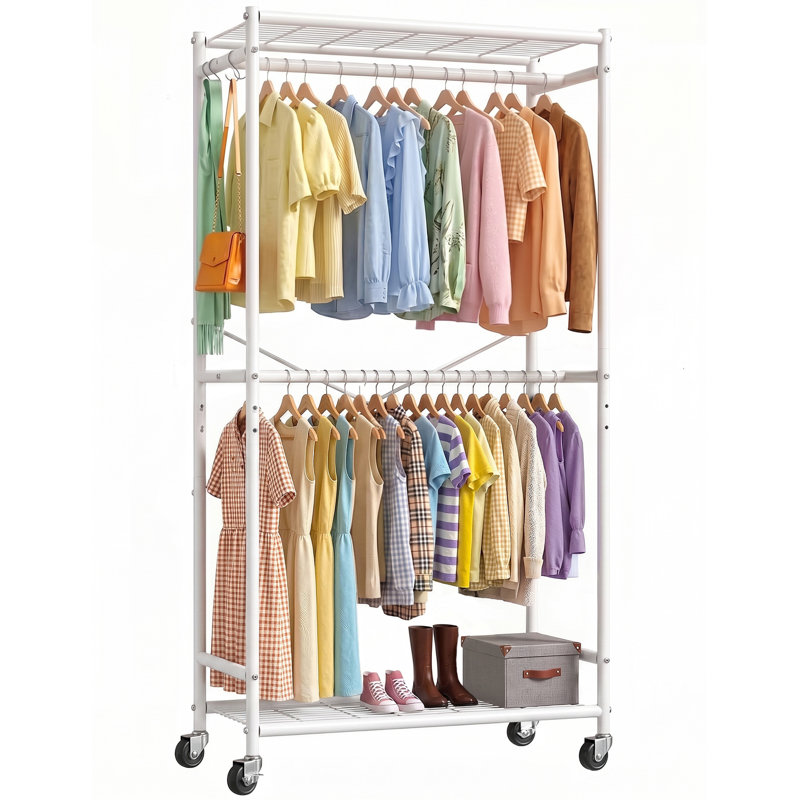 204 cm Clothes Rail with Adjustable Shelves and Castors, White