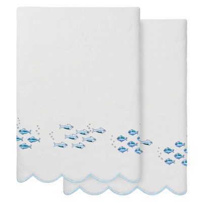  100% Turkish Cotton FISH SCHOOL Scallop 2PC Embellished Bath Towel Set