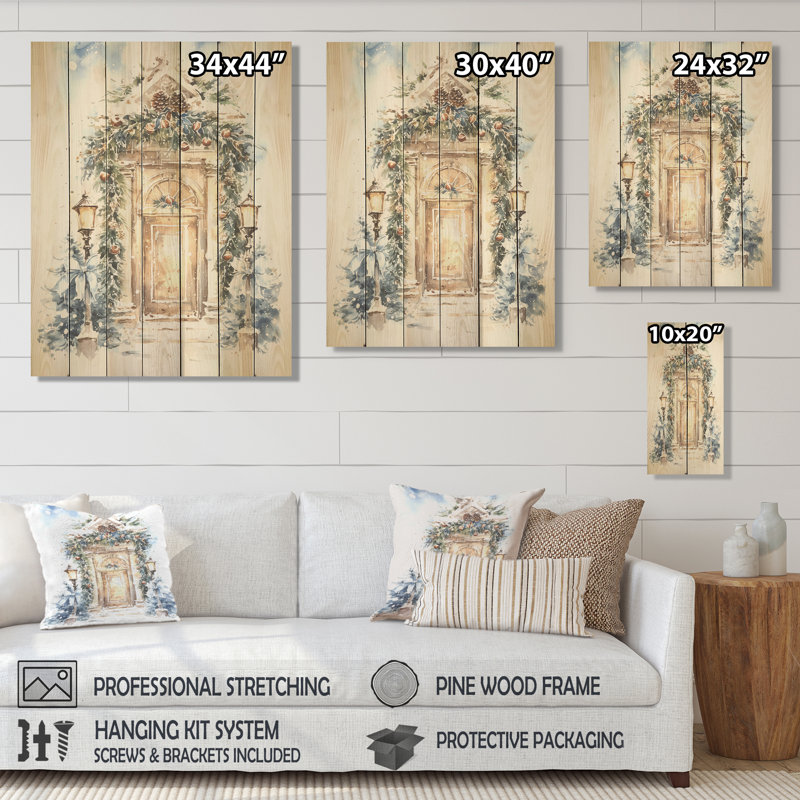 Porte de ferme florale de Noël en hiver III - Porte de ferme sur impression sur bois, H 40 po x l 30 po