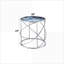 Table basse ronde en verre bleu marbré avec base en métal chromé complexe, plateau poli facile à nettoyer