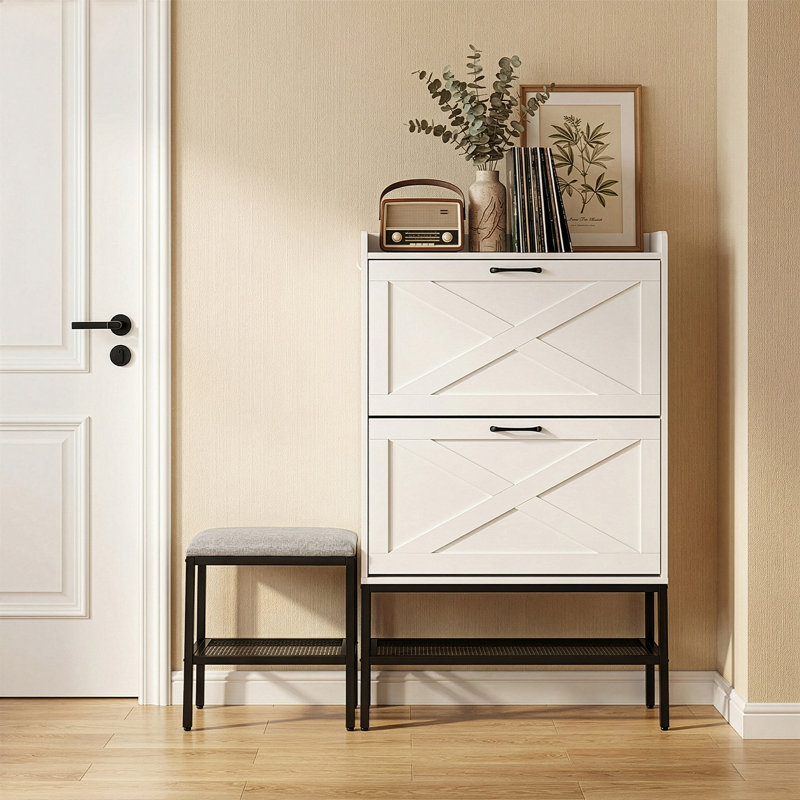 47" W Barn Door Flip Shoe Cabinet With Mesh Metal Legs Padded Bench, White