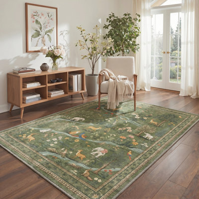 Fawnwood Forest Animal Print Runner Rug, Machine Washable Non-Slip Indoor Area Rug, Green Rustic Wildlife Botanical