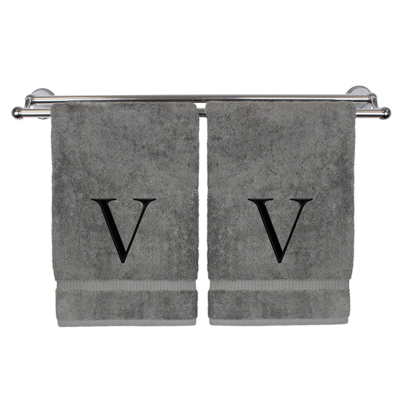 Essuie-mains monogrammés - ensemble de 2 - lettre bloc, V, Gris/noir