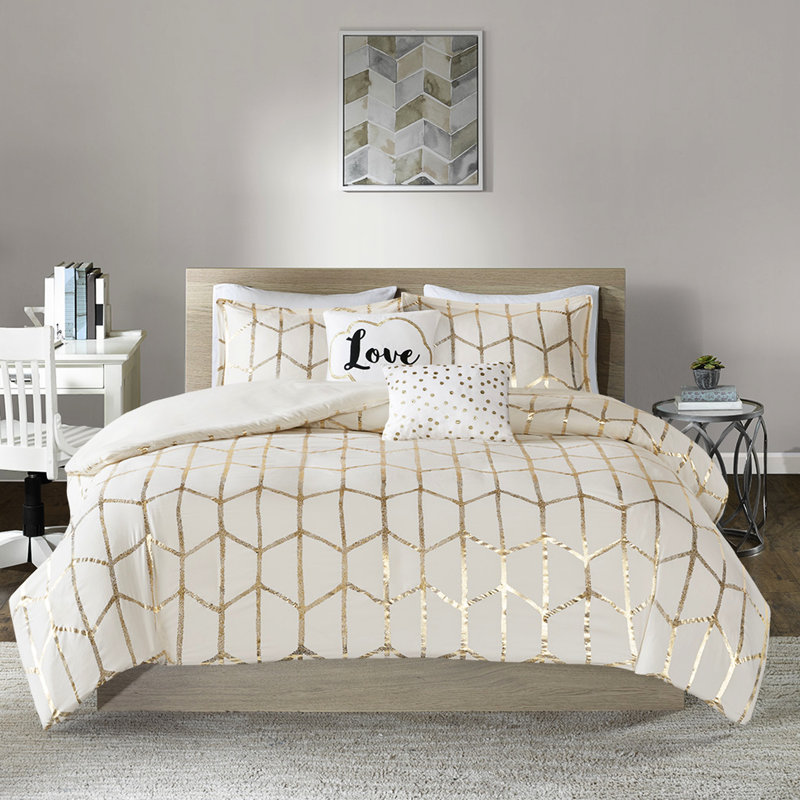 Housse de couette géométrique moderne avec accents, Housse de couette très grand + 4 pièces supplém, Ivoire/doré