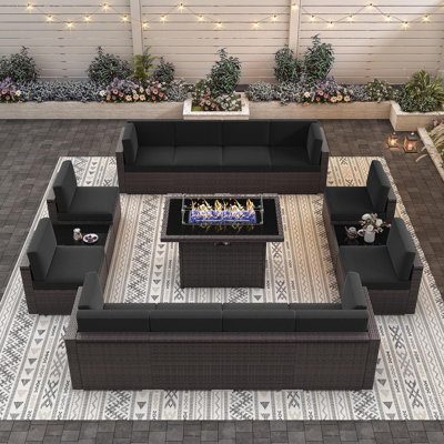  15 Piece Patio Furniture Set with Fire Pit Table, Outdoor Conversation Sets Wicker Rattan Sectional Sofa with Coffee Table
