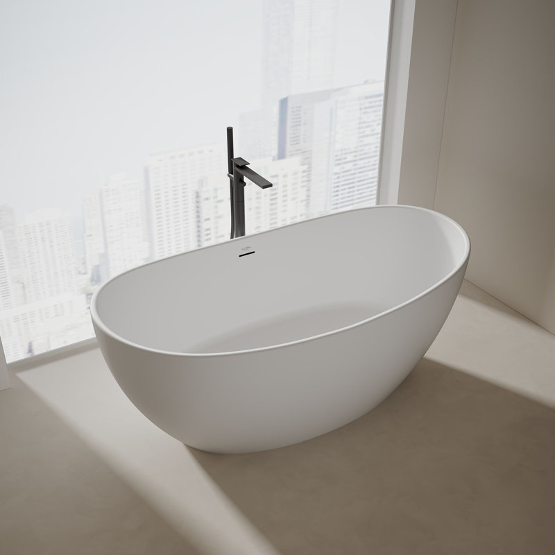 MonBlari 64" X 33" Freestanding White Soaking Solid Surface Bathtub with Overflow and Pop-up Drain For Bathroom, Matte White