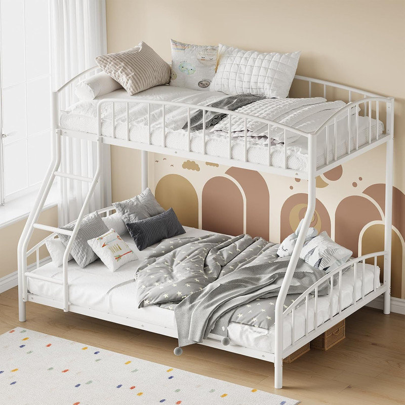 Twin Over Full Heavy-Duty Metal Bunk Bed with Arched Guardrail & Ladder, Steel Slats Support, Space-Saving, No Box Spring Needed