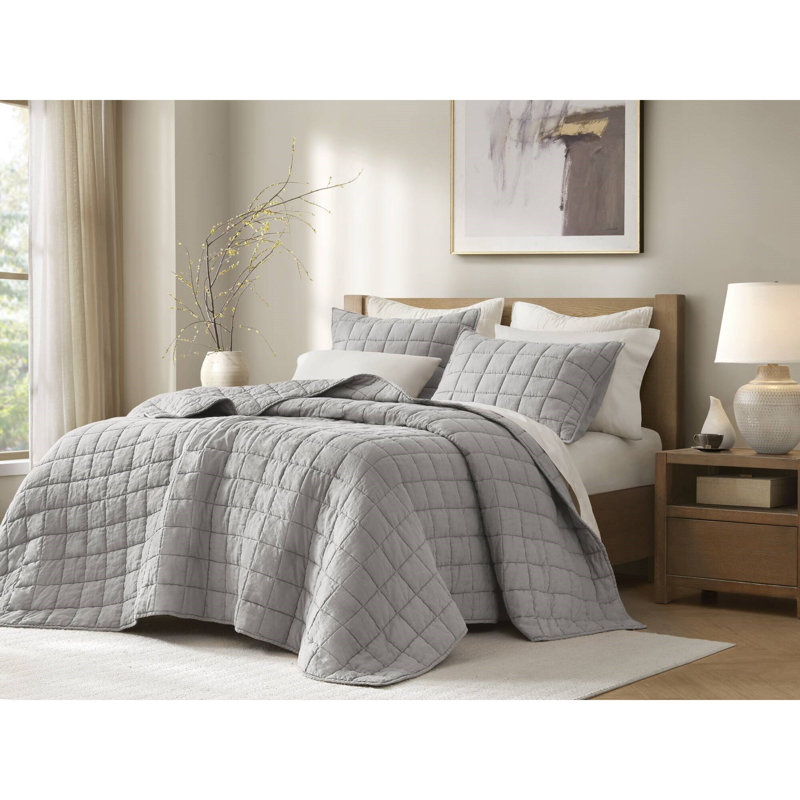 French Flax Gray 100% Linen Garment Washed 3-Piece King/Cal King Quilt Set, Gray, King Quilt + 2 King Shams 