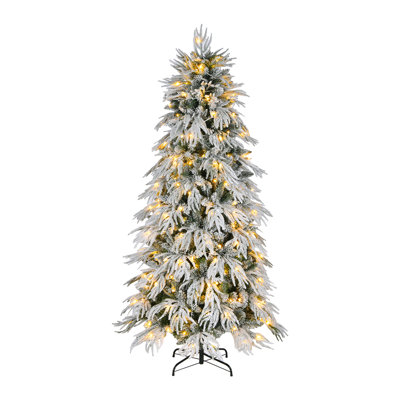 Pre-lit Slim Flocked Artificial Christmas Tree with Metal Stand