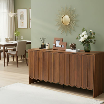 This Walnut Wood-Look Sideboard Storage Cabinet Features A Wave-Patterned Door Design, Four Doors, A Large Capacity, And Adjustable Shelves, Making It Suitable For Use In Kitchens, Living Rooms, And Entryways.