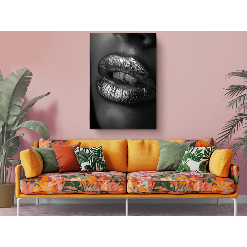 Belles lèvres argentées sur toile imprimée noire, décoration murale moderne pour la maison et le bureau, H 24 po x l 16 po