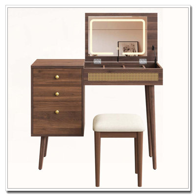 39" Retro Bohemian Style Vanity, Vantiy Desk with Mirror and LED Lights, Dressing Table with Flip-Top Tabletop, Vanity Desk with Storage 3 Drawers, 10 Compartments, Makeup Vanity Set for Home