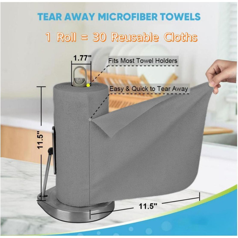 Rouleau de chiffon de nettoyage en microfibre gris, 12 pouces, 60 feuilles - 2 rouleaux, réutilisable, lavable à la machine, super absorbant, non pelucheux, conception déchirable