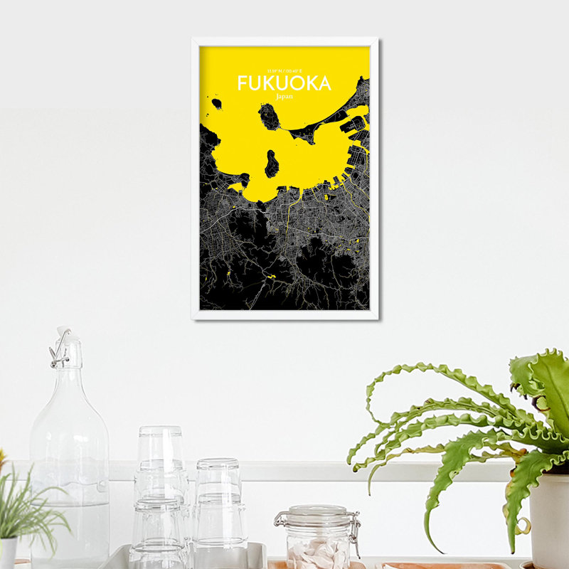 Fukuoka, carte de la ville, impression rétro, H 17 po x l 11 po, Noir / Jaune