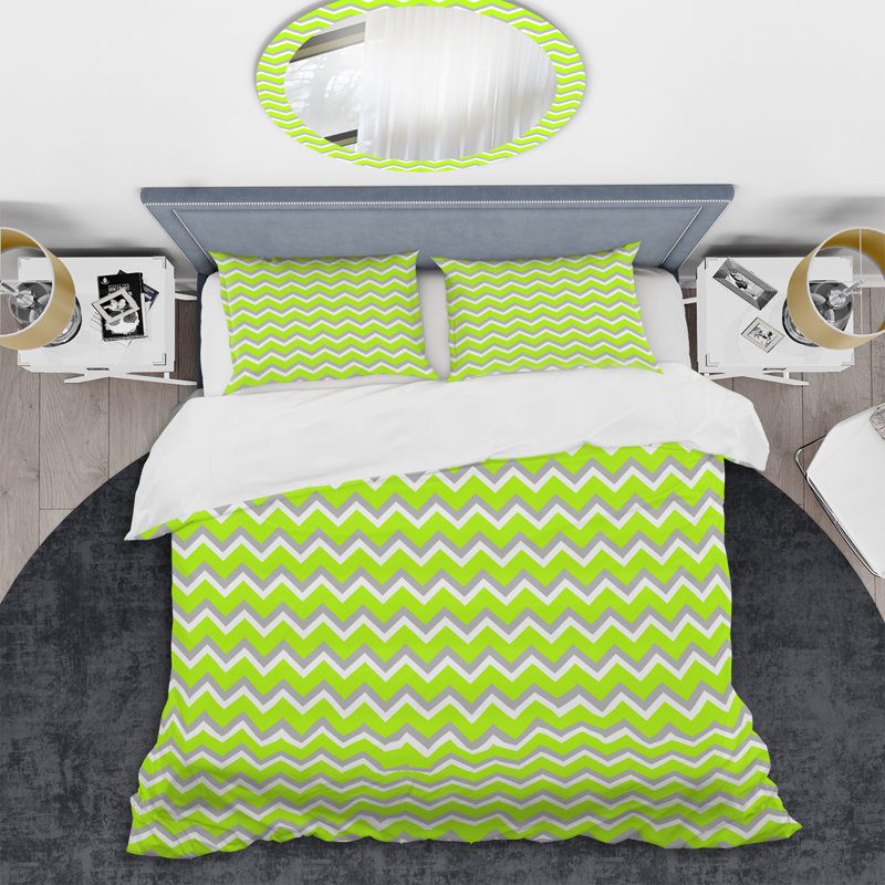 Green Abstract Geometric Polyester Chevron / Zig Zag Duvet Cover