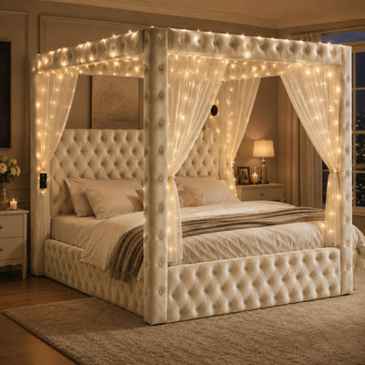 Granborough Upholstered Canopy Platform Bed with Bluetooth Speakers, USB-A & USB-C Charging Ports, Button-Tufted Velvet Headboard and Heavy-Duty Slat Support