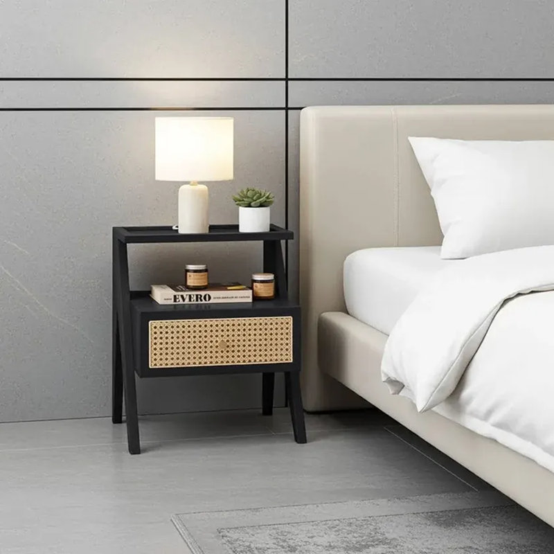 Mina Solid Wood & Rattan Bedside Cabinet, Black
