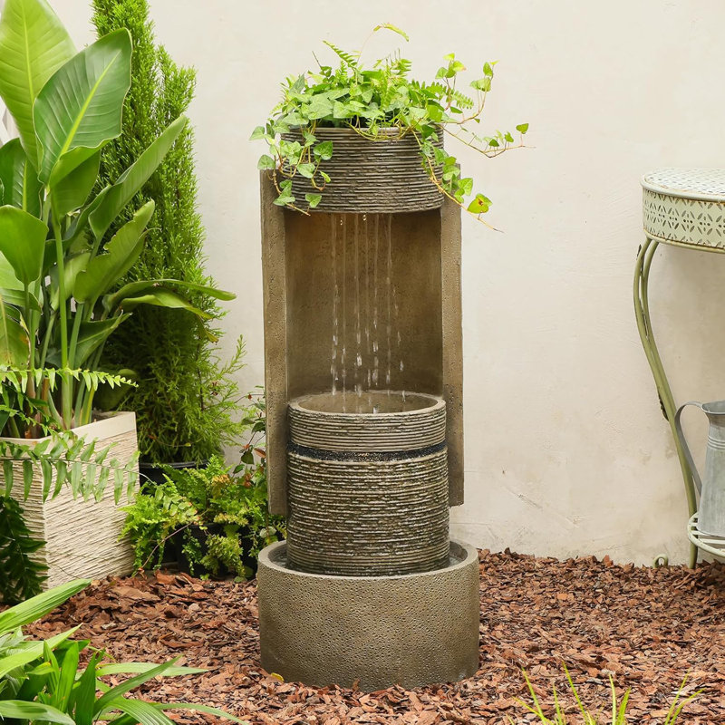 Modern Tiered Column Cascading Water Fountain with LED Lights & Planter, 33" Tall Resin Outdoor Water Feature for Garden Patio Decor