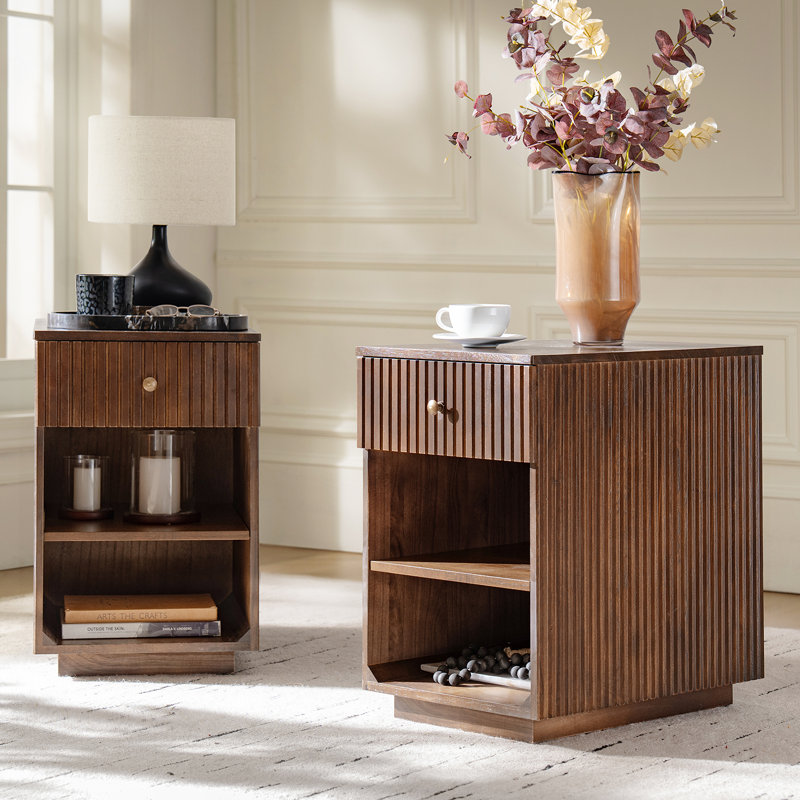 Meg 24"Tall 1-Drawer Fluted Solid Wood End Table Fully Assembled, Walnut