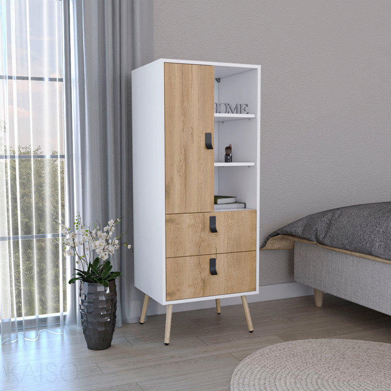 Commode haute, unité avec porte, 2 tiroirs et tablettes ouvertes