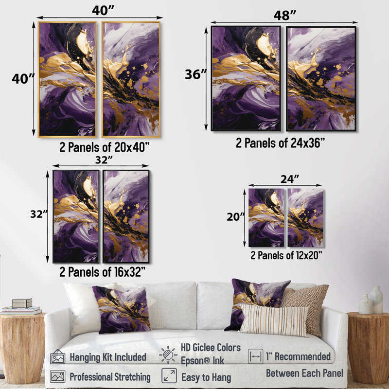 Mauve et or liquide Magic II - Mauve, reproduction d'art sur toile à 2 panneaux, H 20 po x l 24 po, Toile tendue