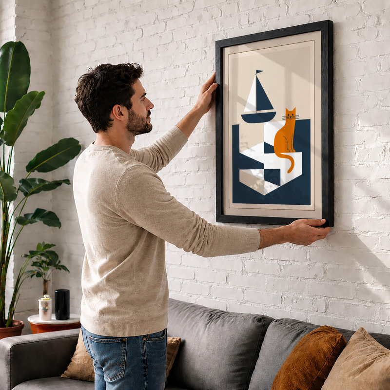 Cat and Sailboat Mid-Century - Framed Print, A2 - 59.4 x 42.0 cm, Walnut