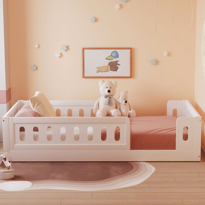 White Twin Platform Bed With Wood Guardrail - Solid And User- Size Long-Lasting, Stable Frame
