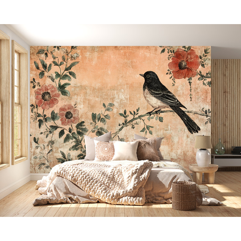 Rustic Bird Mural - Papier peint floral rétro, art mural botanique, L 165 po x l 120 po, Non tissé
