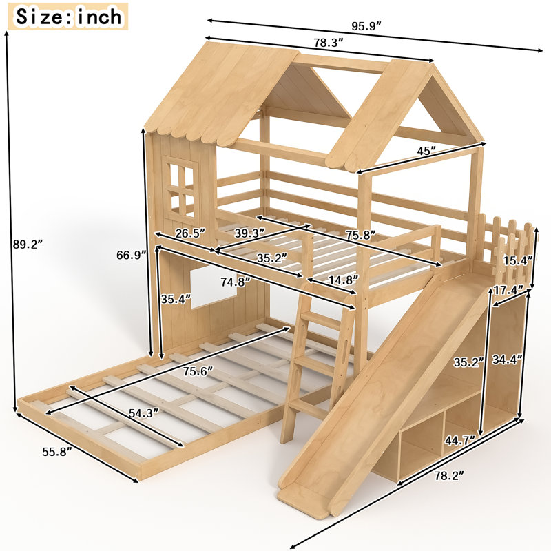 Lit superposé simple au-dessus de la maison double avec échelles et glissières, lit superposé au sol avec tablettes de rangement et garde-robe, conception de maisonnette, naturel