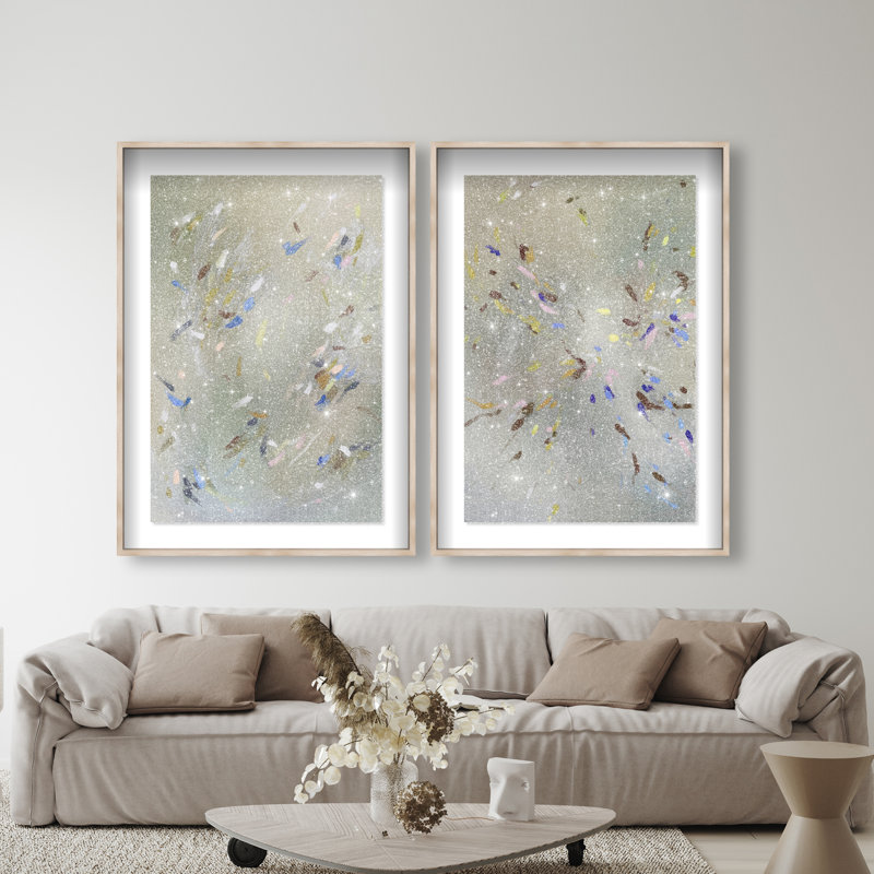 Spontaneous Traces Set Shadowbox Abstract Print by Oliver Gal, Black Frame, 10 x 15, 62"H x 42"W, Natural Oak Shadowbox