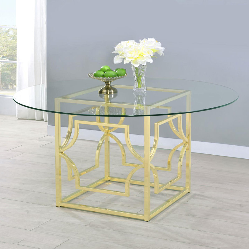 Round Glass Top Metal Base Dining Table, Gold