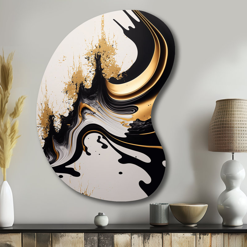 «Black and Gold Wave» - art mural asymétrique abstrait en métal, reproduction d'art moderne de forme unique