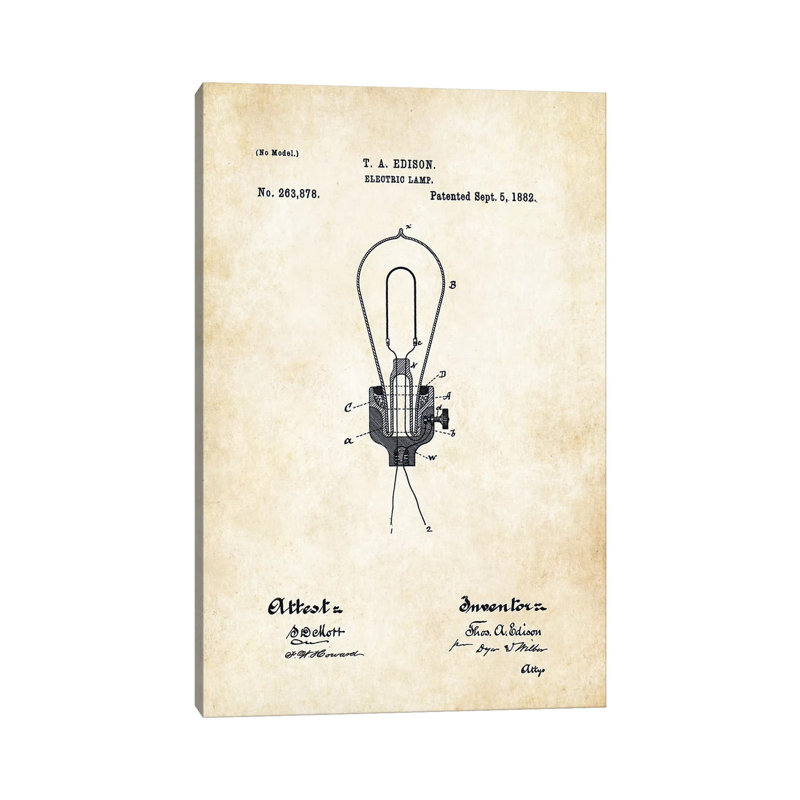 «Thomas Edison Light Bulb» par brevet77 - reproduction de dessin sur toile tendue, H 18 po x l 12 po x 1,5 po