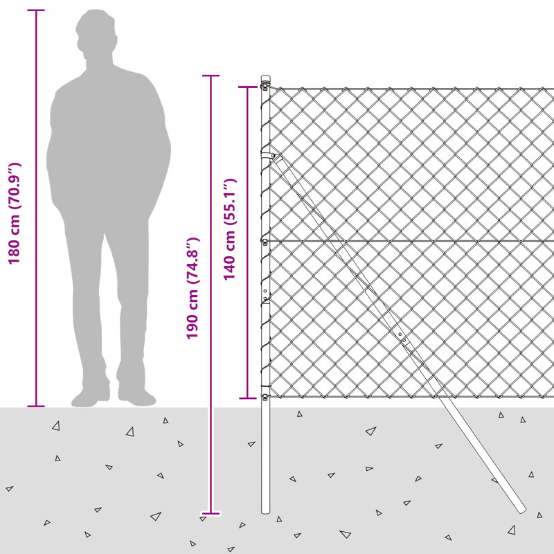 Chain Link Fence With 13 Posts Galvanised Steel, Green, 140cm H x 2500cm W